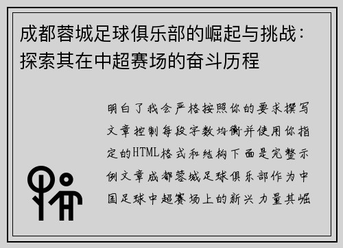 成都蓉城足球俱乐部的崛起与挑战：探索其在中超赛场的奋斗历程