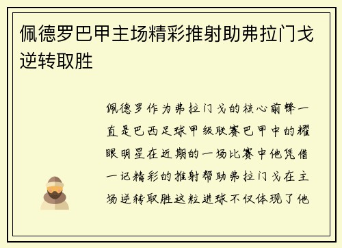 佩德罗巴甲主场精彩推射助弗拉门戈逆转取胜